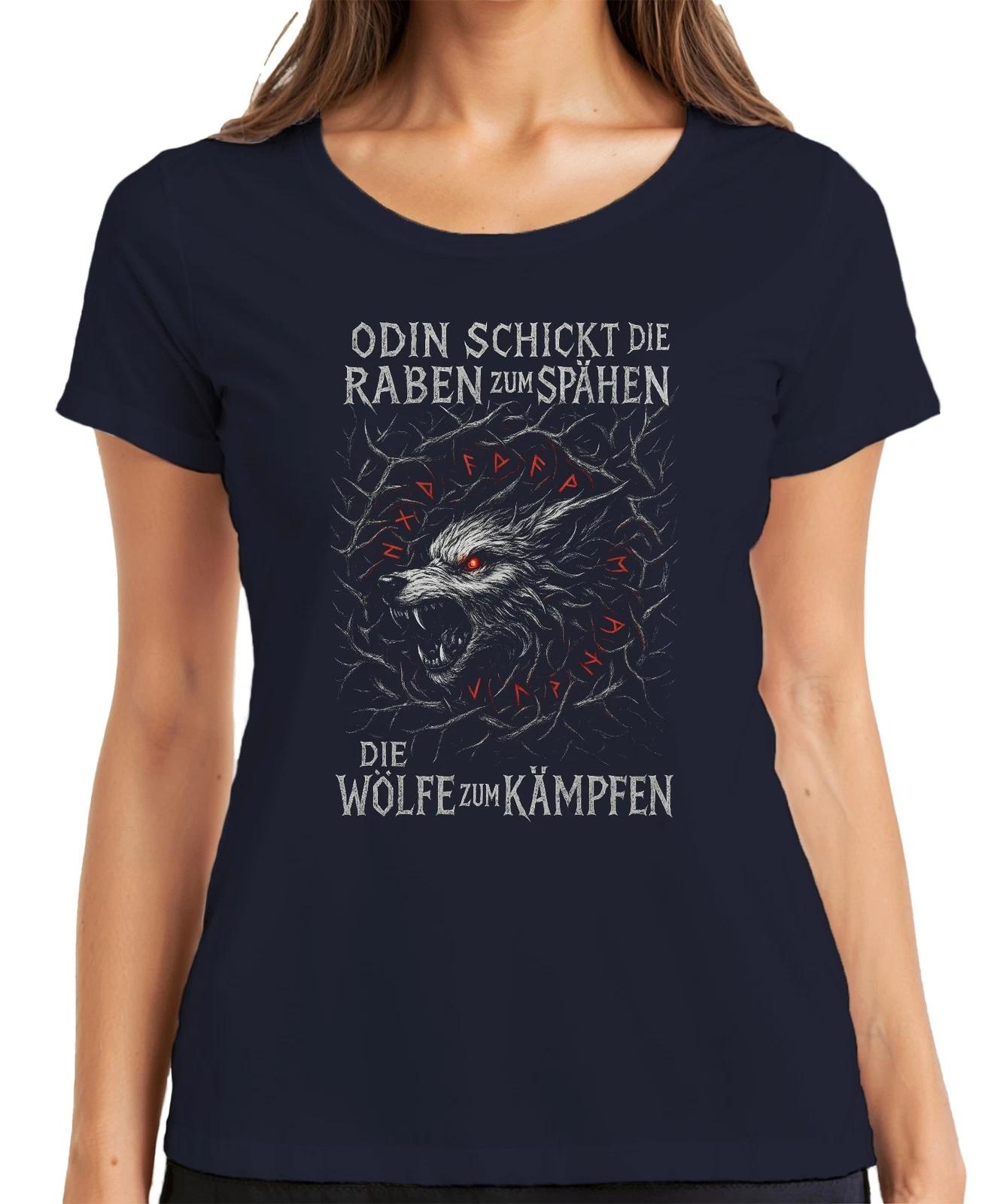 Odin schickt Raben Wölfe Kämpfen Fenrir Wikinger Nordisch Runen Damen T-Shirt XXXXL