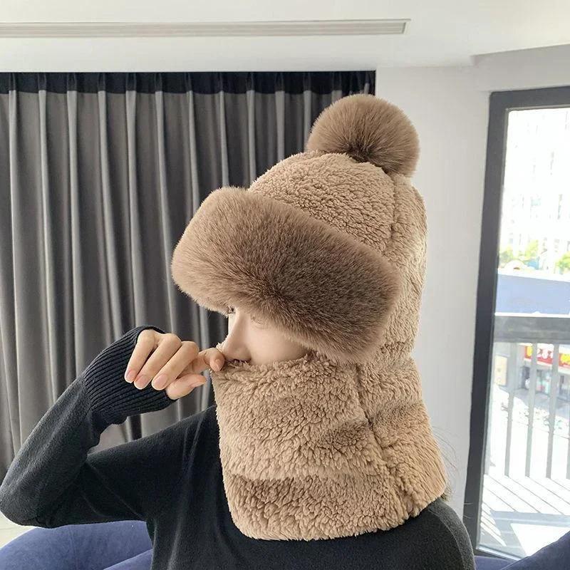 Winter Warm Hat Beanies Scarf Warm Breathable Rabbit Hair Blend Knitted Hat Scarf for Women Protection Caps Windproof Hats
