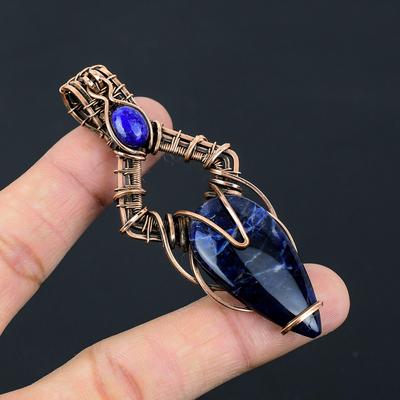 Wunderschöner Sodalith-Edelstein, reiner Kupferdraht, umwickelt, handgefertigter Anhänger-Schmuck