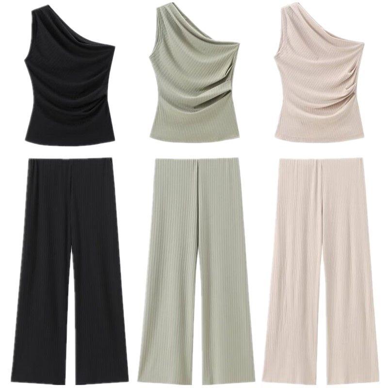 Fashion Style 2024 Summer New Women's Clothing Ruched Fabric Rib Asymmetric Collar Sleeveless Tops 1165455