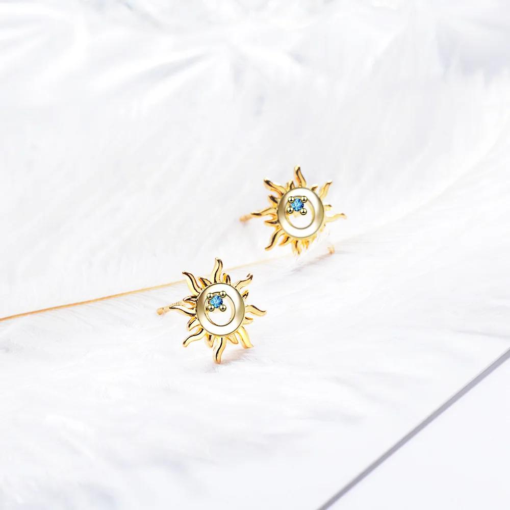 925 Sterling Silver Blue Crystal Zirconia Hollow Sun Stud Earrings for Women Cute Sun Gold Silver color Fashion Party Jewelry