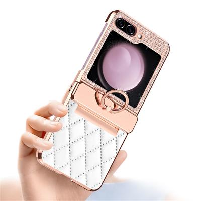 Diamonds Leather Plating Ring Holder Case for Samsung Galaxy Z Flip 6 5 3 4 5G Shockproof Hinge Protection Cover for Z Flip5