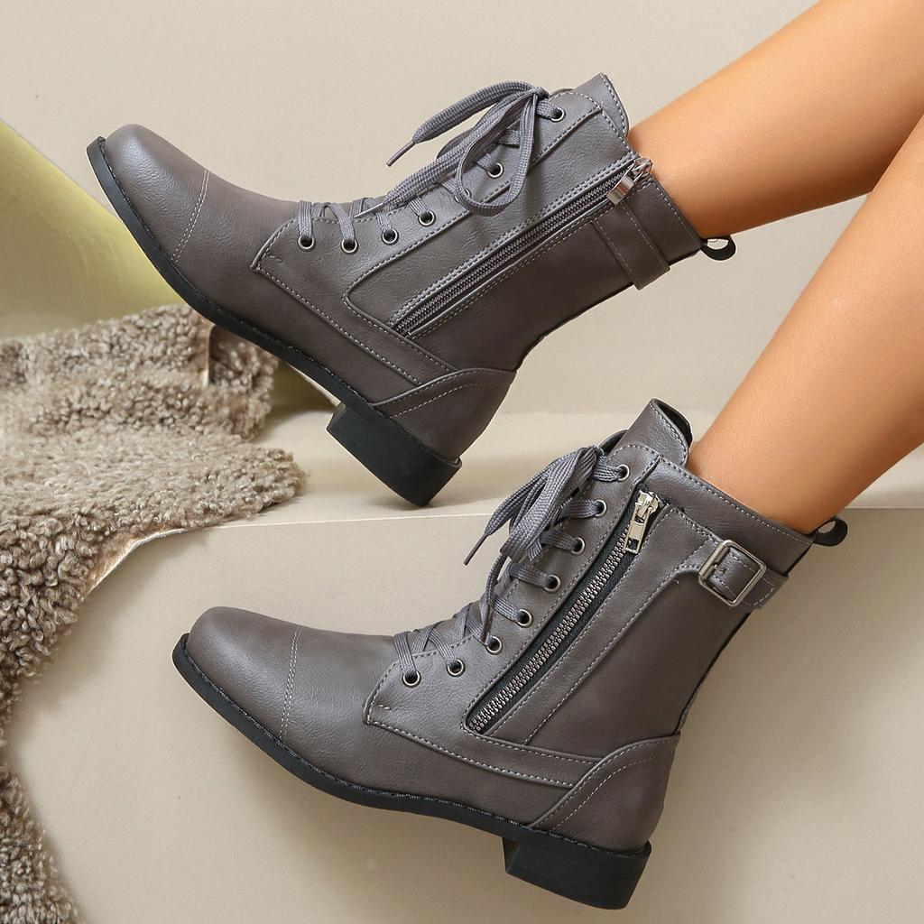 Women's Square Heels Ankle Booties Autumn Winter Leather Short Work Boots Woman Plus Size Lace Up Elastic Boots Zapatos Mujer