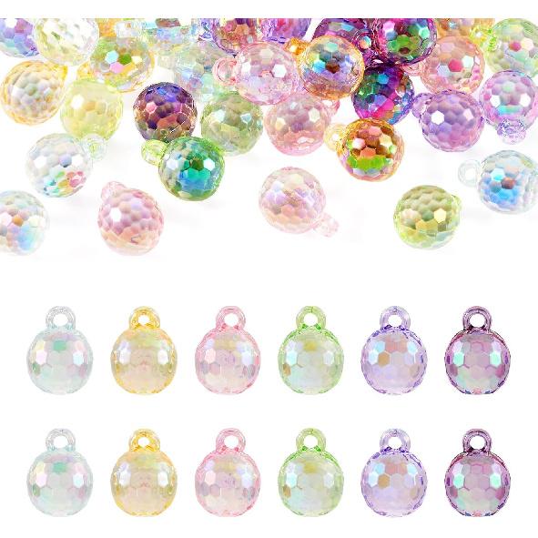 Cheriswelry 36Pcs Disco Ball Acrylic Pendants Transparent Faceted Ball Charm Ornament 21mm 6 Colors for Earring Bracelet Hair Accessory Jewelry