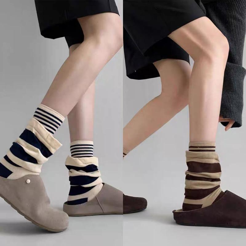 Women's Fall Fashion New Fake Two Stitching Striped Thin Tube Stack Socks