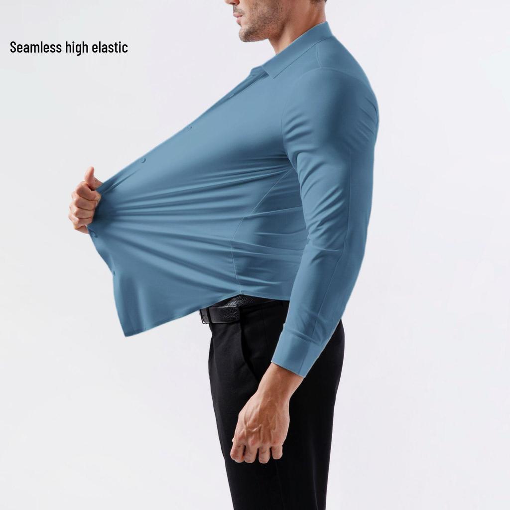 Men’s High Elasticity Seamless Long Sleeve Solid Color Business Shirt