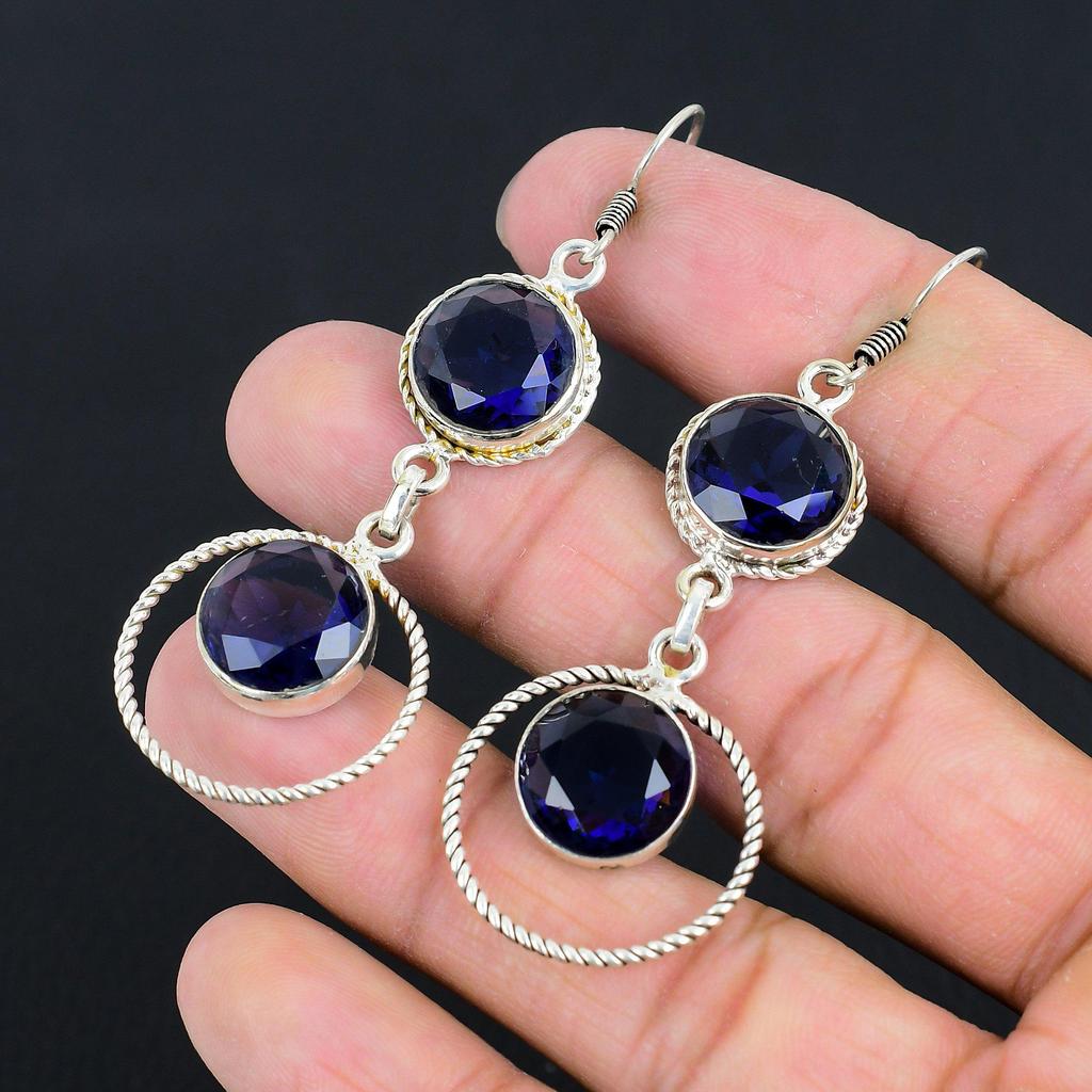 Natural London Topaz Gemstone Drop/Dangle Blue Earrings 925 Sterling Silver
