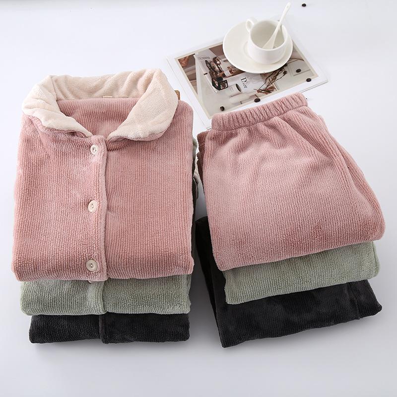 Par Förtjockad Korallfleece Hemkläder Höst Vinter Dam Flanell Pyjamas Herr Enfärgad Sovkläder Lös Loungekläder