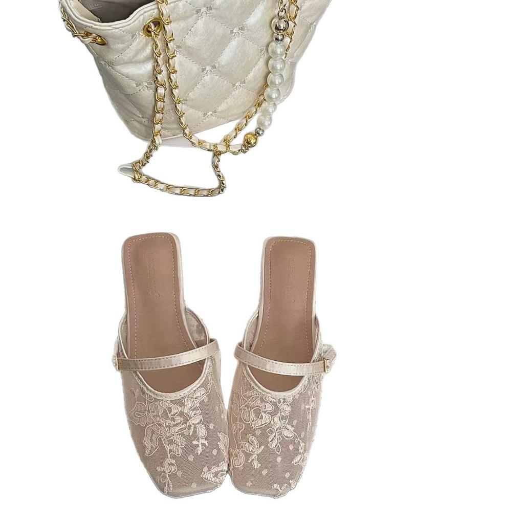 Neue Mode Vielseitige Mesh Feen Damen Schuhe Spitze Flacher Absatz Eckiger Kopf Sandalen