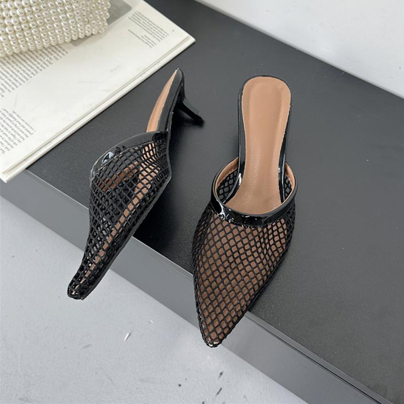 Fashion SUOJIALUN Women Slipper Fashion Pointed Toe Slip On Ladies Elegant Mesh Mules Shoes Thin High Heel Outdoor Sandal Big Size 41