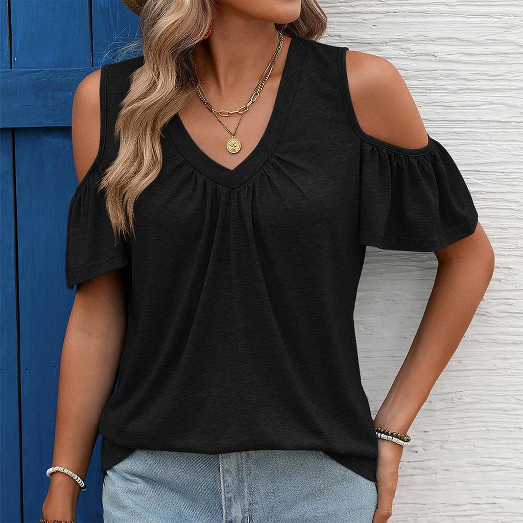 Women’s V Neck Cold Shoulder Short Sleeve Top Loose Fit Summer Blouse with Ruffle Sleeve Soft Lightweight Material