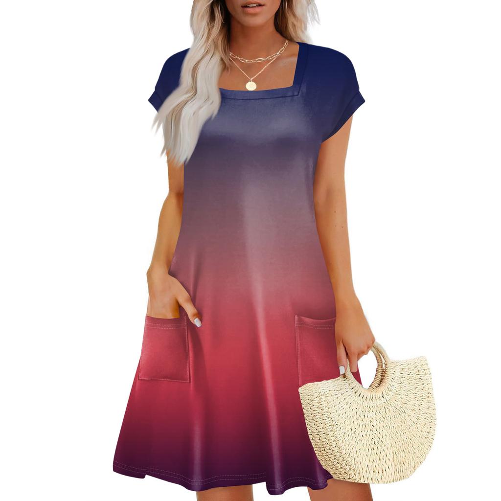 Summer Dresses For Women Loose Square Neck Cap Sleeve Casual Beach Vacation Tshirt Dress Sundresses With Pockets
