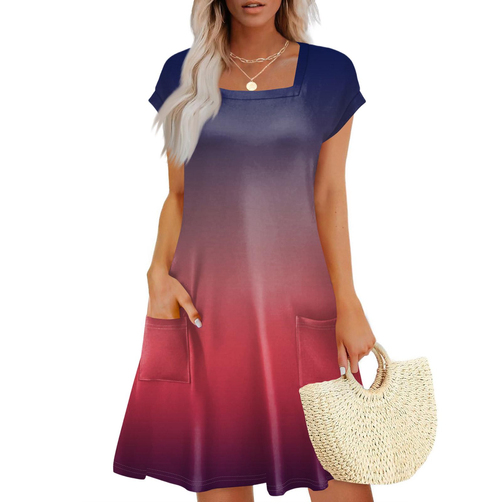 

Summer Dresses For Women Loose Square Neck Cap Sleeve Casual Beach Vacation Tshirt Dress Sundresses With Pockets XL