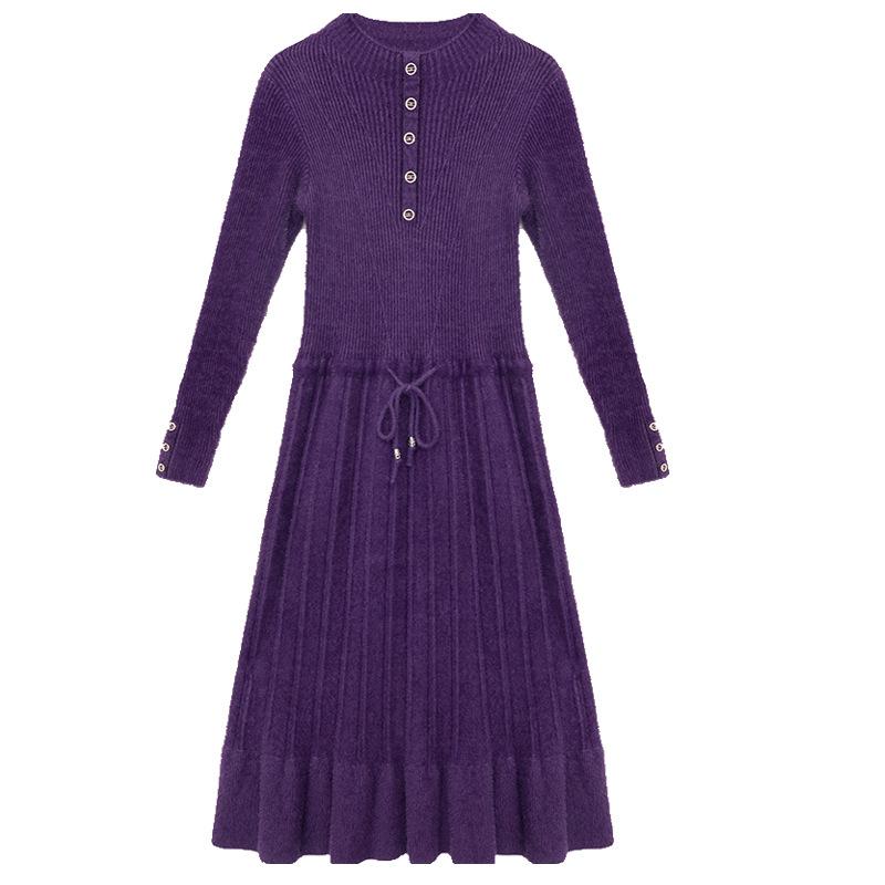 Women's Mink-proof Knitted Dress Loose Solid Color Mid-length Sweater Dress Knee-length Fishtail Dress for Autumn and Winter