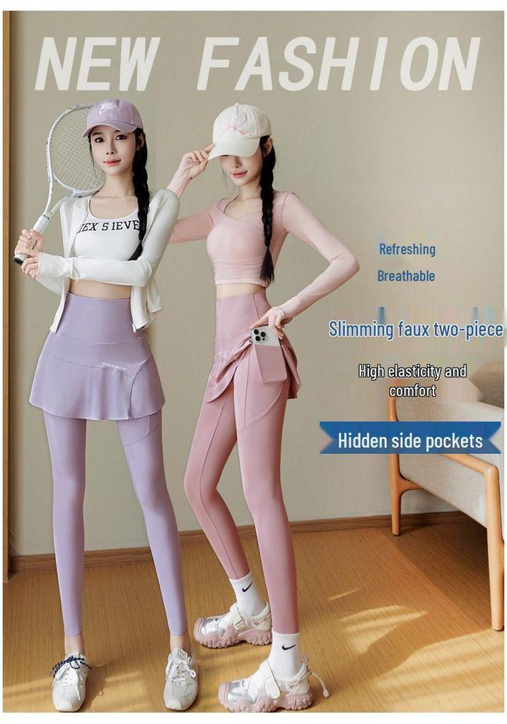 High-Waisted Faux Two-Piece Yoga Skirt Pants with Pockets - Thin, Elastic, and Large Size for Sports and Outerwear