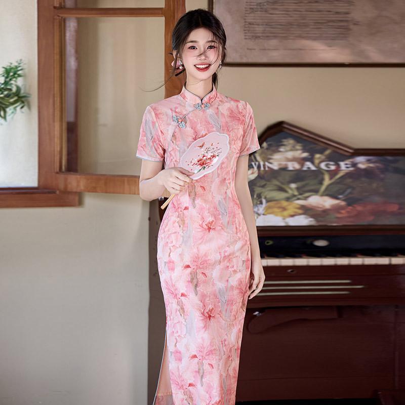 Pink national style traditional Chinese long cheongsam young women's retro slim short sleeves summer
