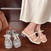 Fashion Fashion Crystal Square Heels Women's Square Toe Open-toe Butterfly Knot Transparent Band Non-slip Kitten Heels