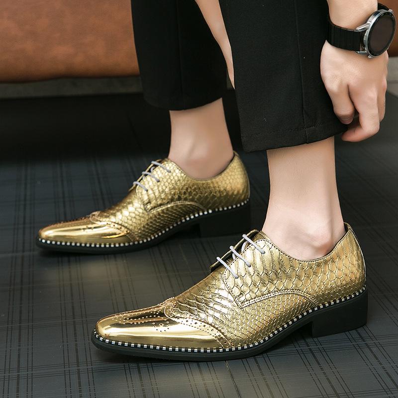 Golden Glossy Business Brogue Leather Shoes - European & American Style, Large Size Lace-up Derby Shoes