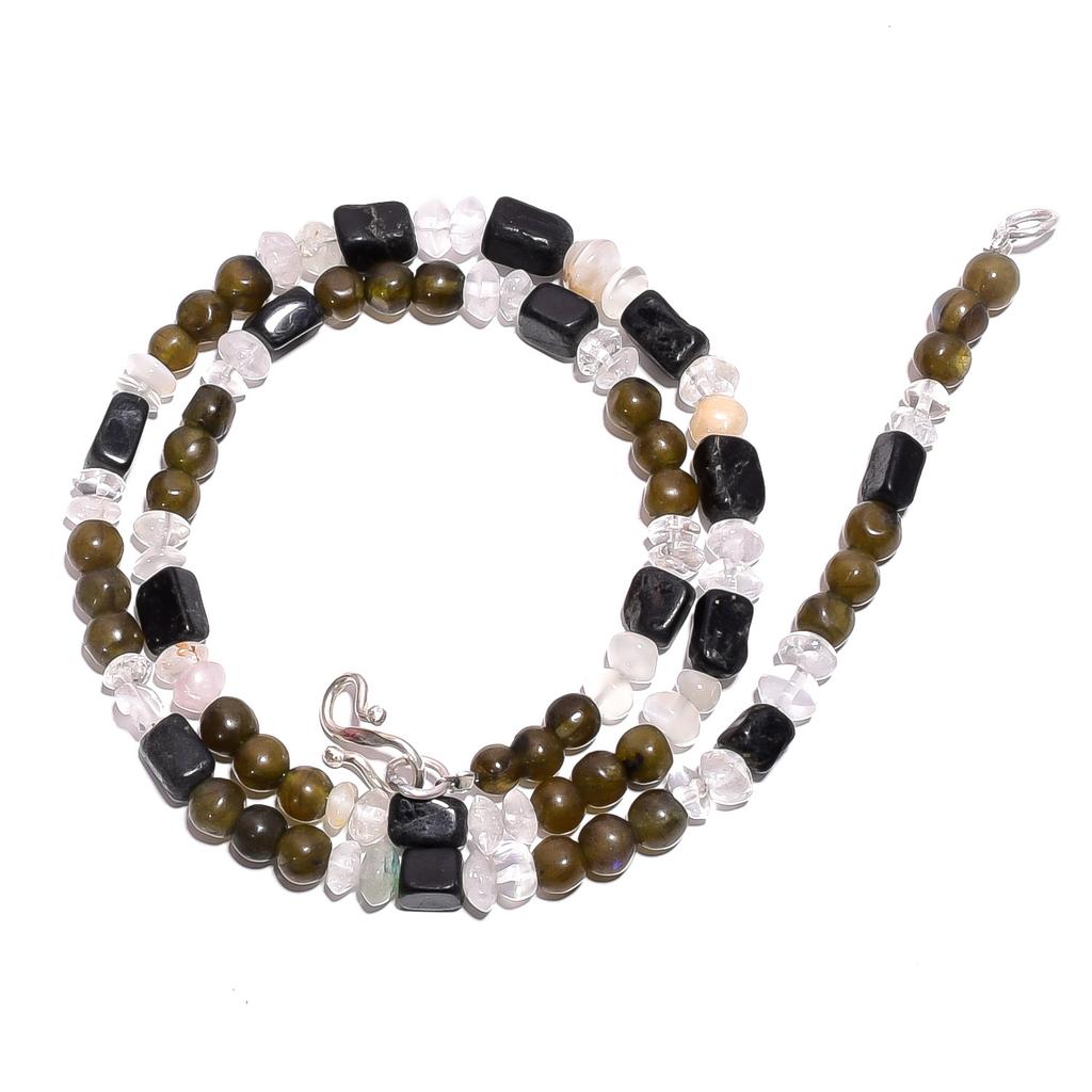Natural Black Onyx Labrdorite Crystal Gemstone Smooth Beads Necklace 17" UB-4700 UB-4700