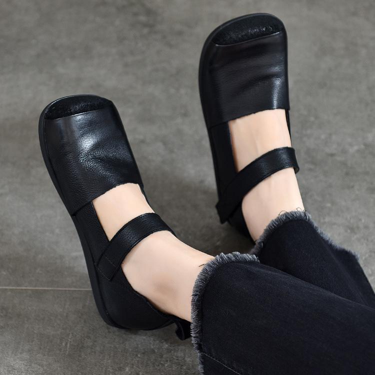 Johnature Retro Genuine Leather Square Toe Flat Shoes Soft Sole Handmade Solid Color Women's Shoes