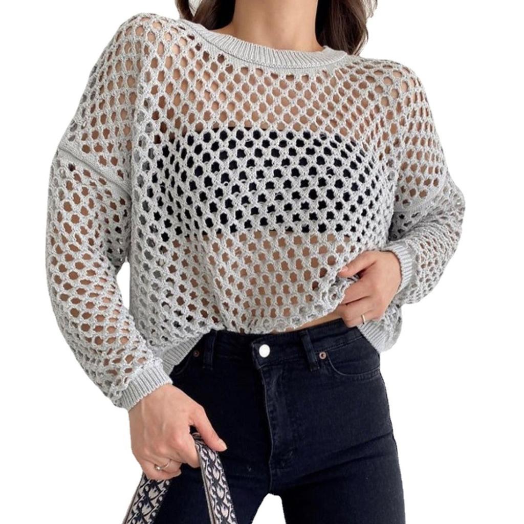 BITCED Sweater with Flared Sleeves Loose Crew Neck Cutout Sweater for Women