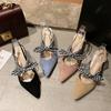 Fashion Women's Pointed Toe Sandals Summer High Heels Shoes Suede Fabric Vacation Beach Shoes Square Heel Bow Women's Shoes