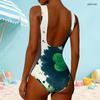 Women Plus Size High Round Neck Sleeveless One Piece Clover Printed Swimsuit