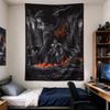 Batman V Superman False God Print, a Brooding Batman Silhouette In Fire-scorched Gotham Rubble Beneath Red Graffiti Lettering Tapestry