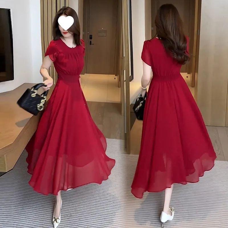 National Style Temperament Dress Women, New Summer Fashion Foreign Style Waist Thin Knee Chiffon Long Skirt