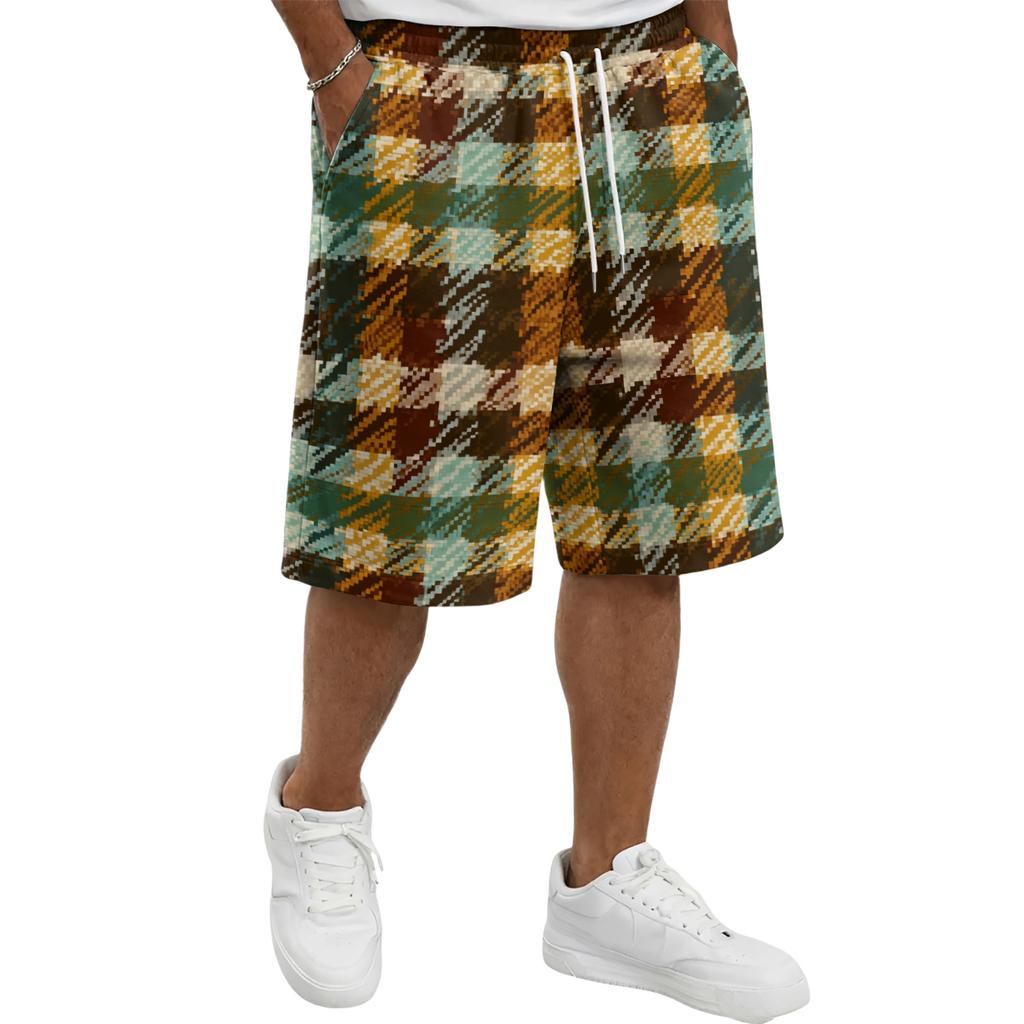 Mens Plaid Drawstring Waist Casual Shorts Relaxed Fit Knee Length Soft Fabric Lightweight Plaid Shorts for Daily Wear
