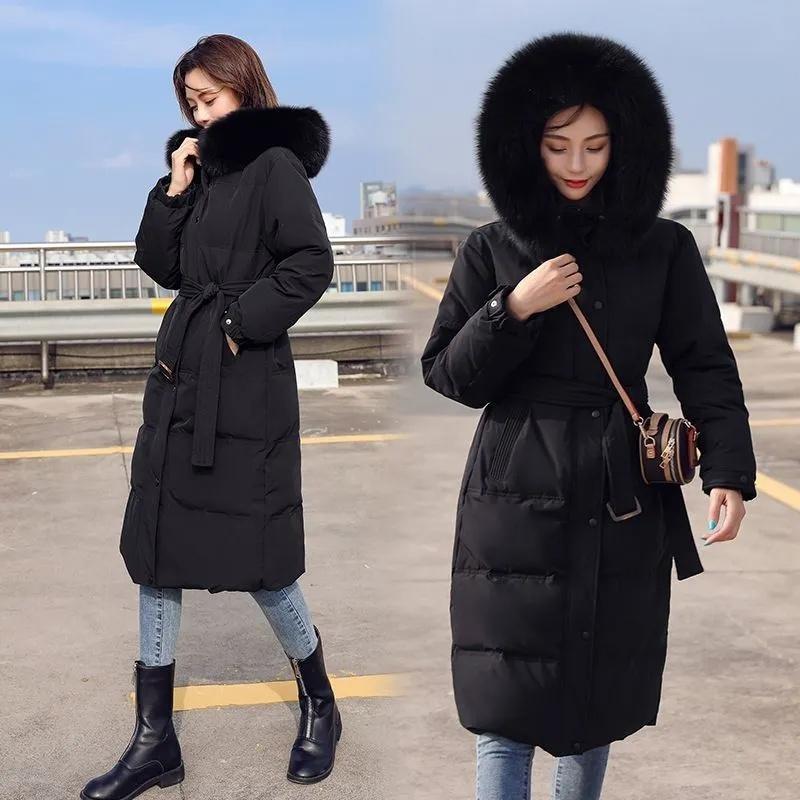 Nova jaqueta de inverno feminina parkas gola de pele com capuz algodão acolchoado casaco longo coreano solto quente engrossar outwear