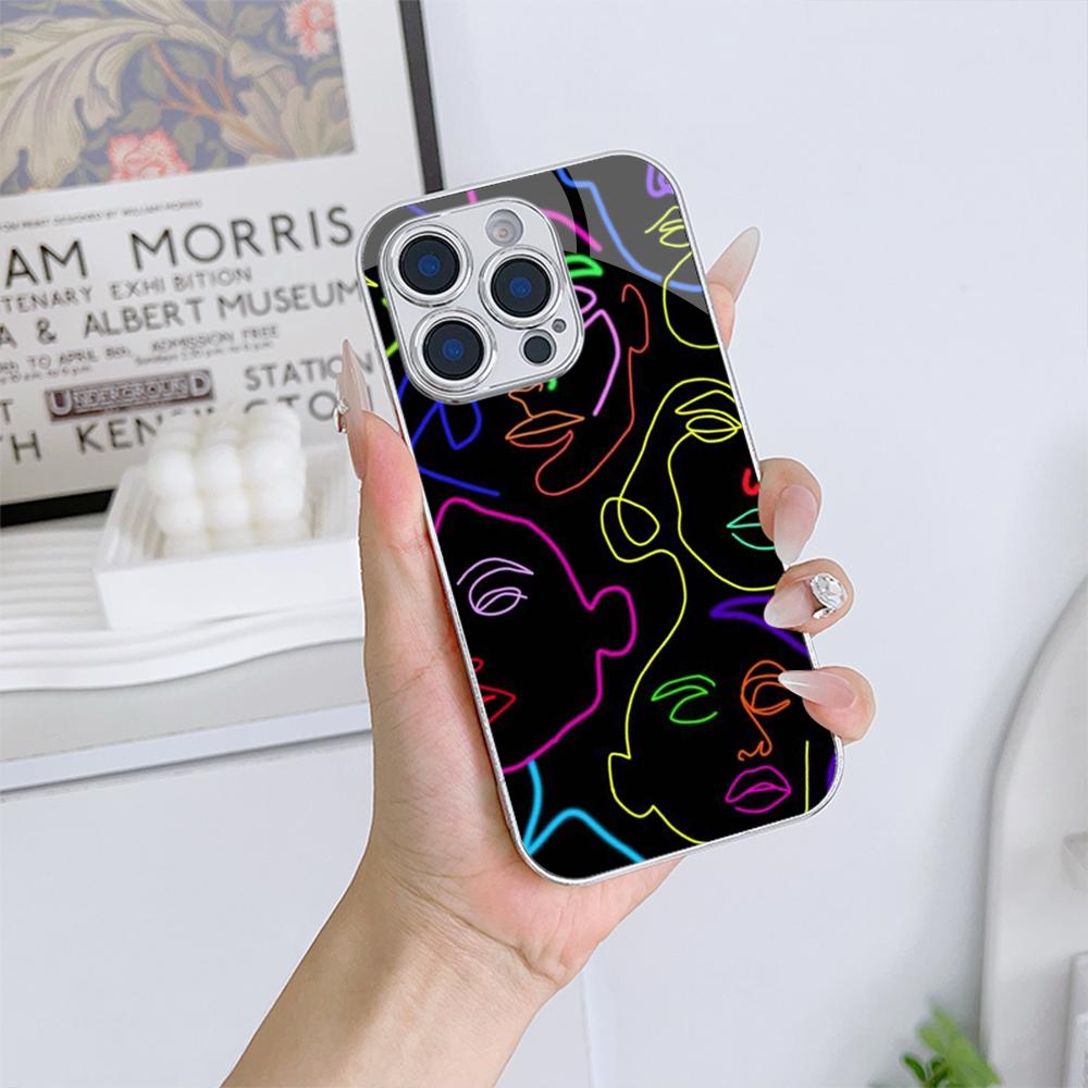 N150 Colour Faces Line Art Drawing Art Phone Case for iPhone 16 15 Pro Max Samsung S24 A54 A35 Xiaomi Redmi Note 13 Plated Frame Tempered Glass Cover