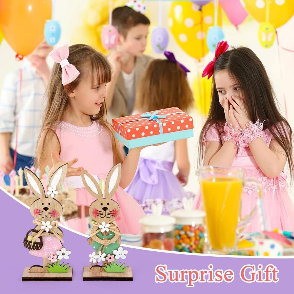 2PCS 2026 Wooden Easter Rabbit Ornaments Craft Painting Bunny Spring Festival Table Ornament Happy Easter Party Home Decor