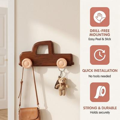 Wall Mounted Car Shaped Hooks Vintage Style Wooden Coat Hook Cartoon Free Punching Wall Decorative Hook Entrance Decor