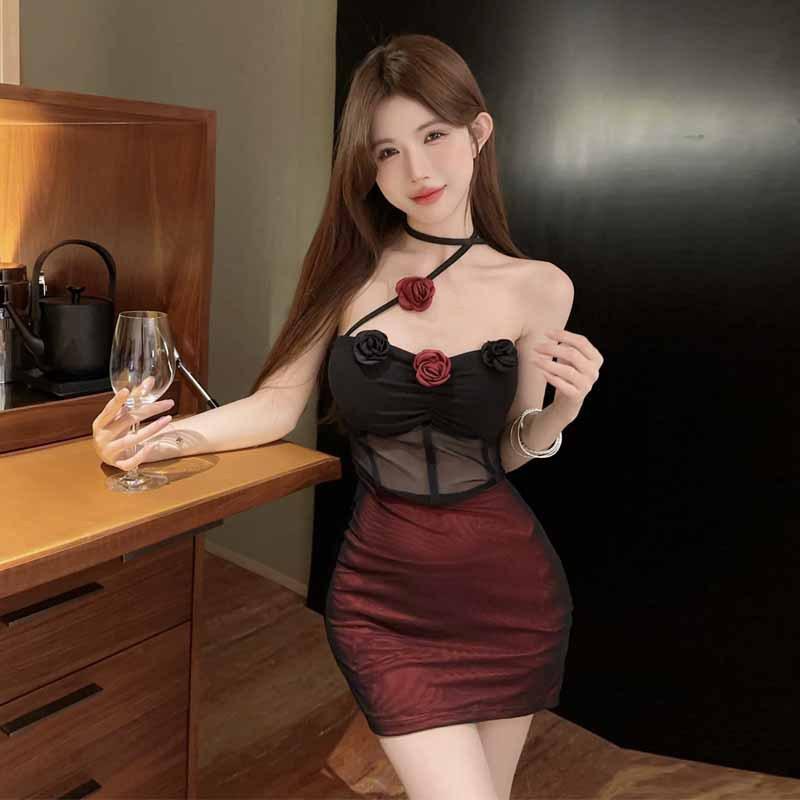 Sexy Spice Girl Skinny Double Mesh Splicing Tub Top Femininity Three-dimensional Flower Hollow Folds Hip Wrap Skirt Tide