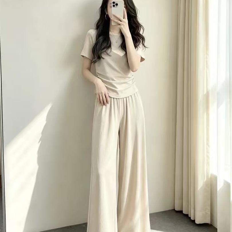 Summer Sports Small Casual Fashion Sports Suit 2026 Thin Meat Cover Short-sleeved Wide-leg Pants Two-piece Set Women
