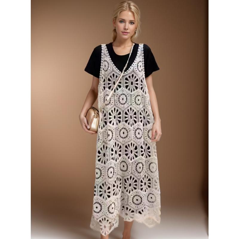 Dimanaf 2024 Nuovo Vestito Delle Donne di Lavoro A Maglia Del Merletto Lungo Scava Fuori La Maglia Sexy O-Collo Hollow Stile di Estate Magliette E Camicette Magliette Allentato di Base