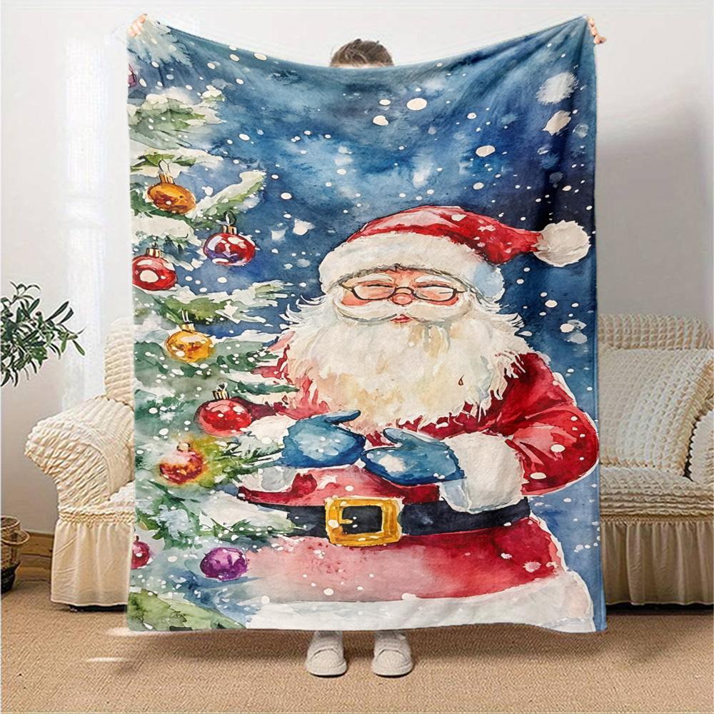 1pc Santa Claus Christmas Tree Blanket Lightweight Flannel Throw for Sofa Bed Travel Camping Livingroom Office Couch Chair