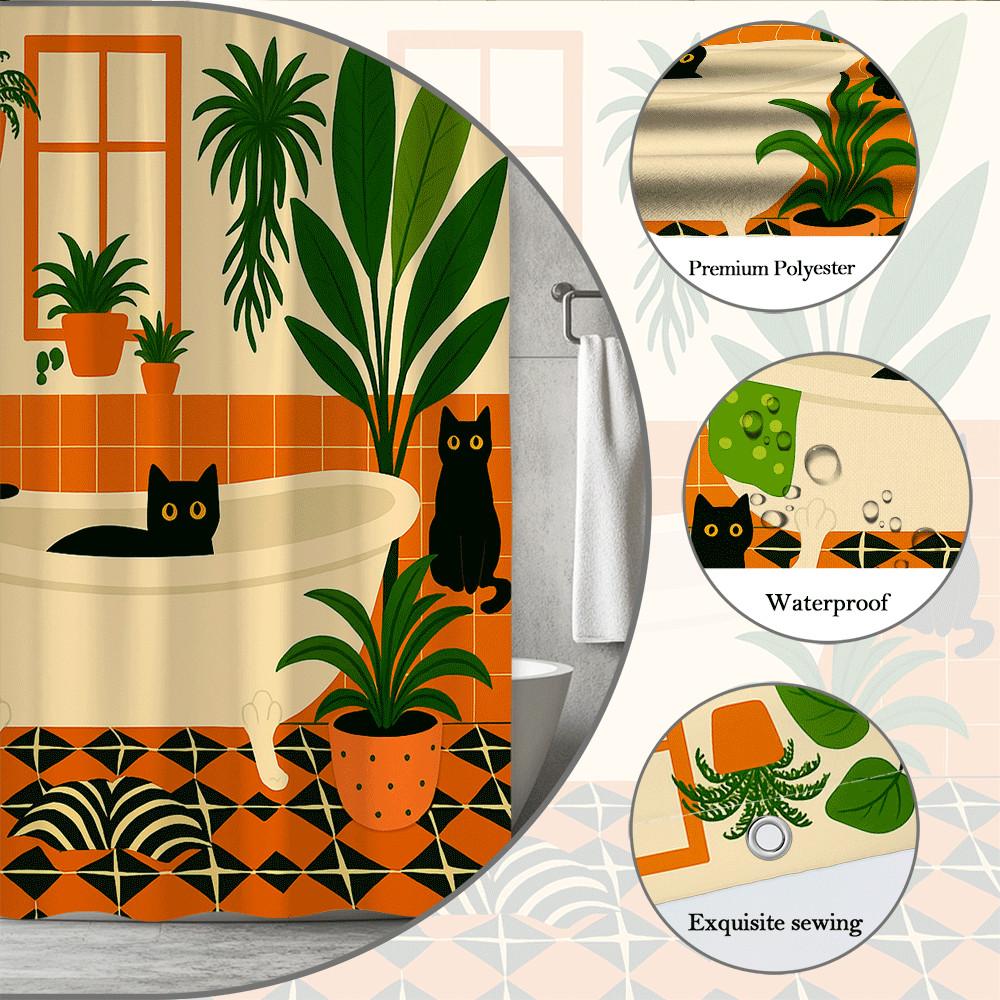Cute Cat Shower Curtain Black Cats Green Plants Boho Style Bathroom Decor Playful Art Design Waterproof Simple Installation