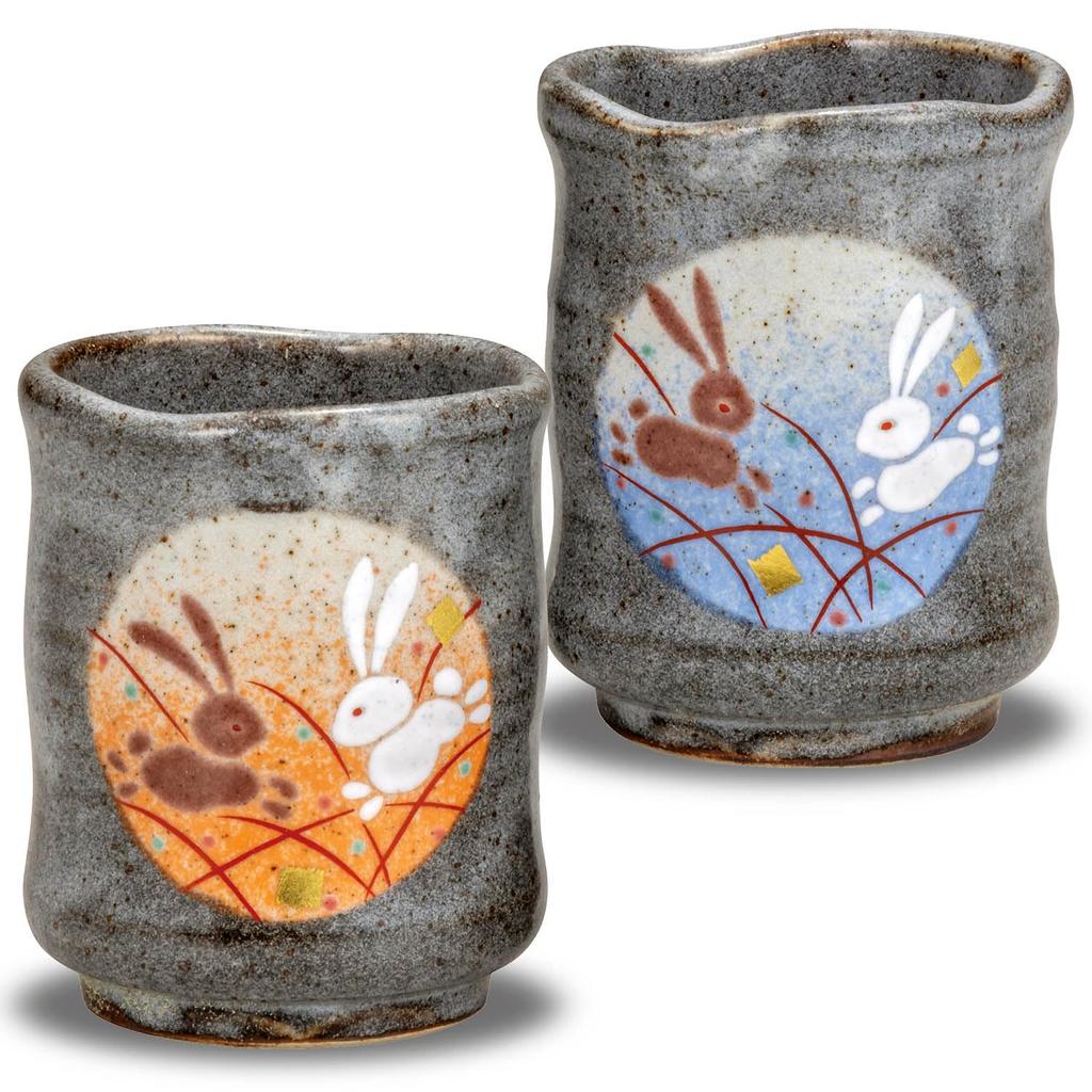 Waza No Kura Pair of Stylish Kutani Ware Teacups, Moon Rabbit Design, Ceramic, Brand Name, Japanese Tableware
