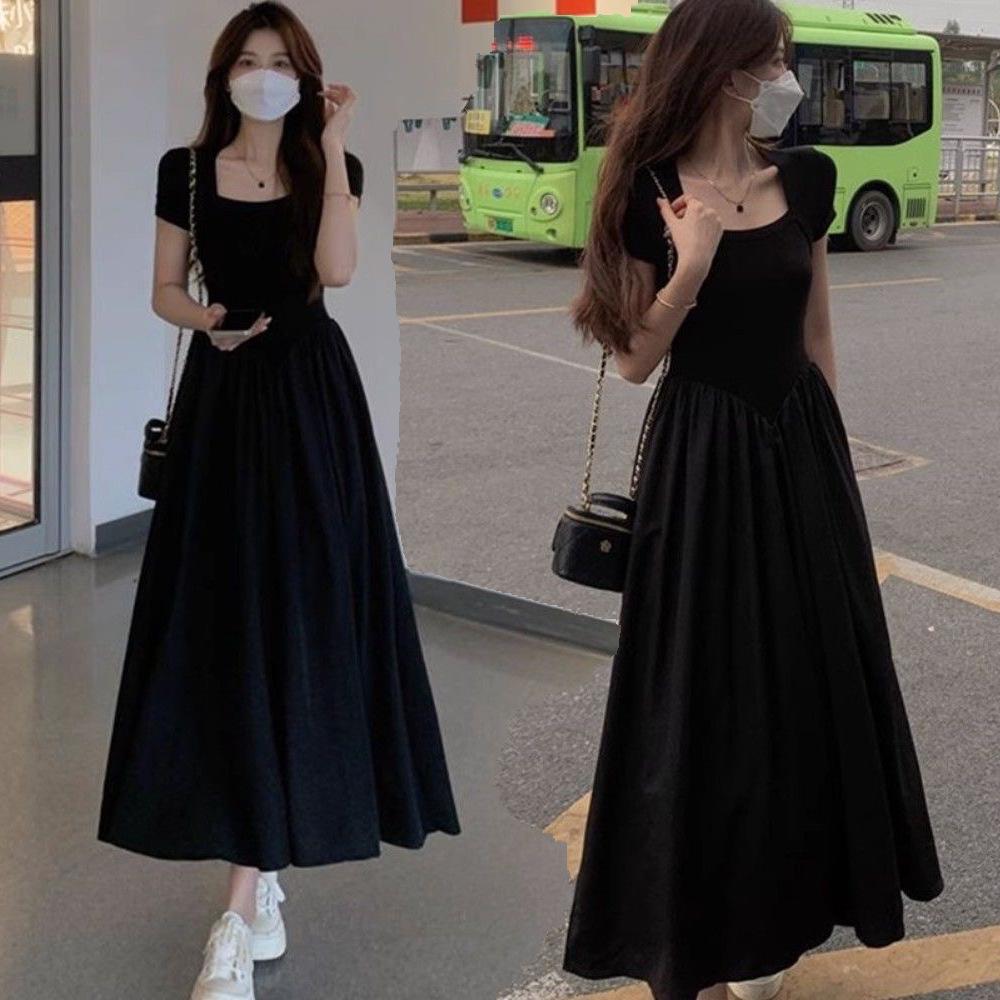 Hepburn-Style Waist-Cinched Slimming A-Line Black Dress - Women s 2026 Summer Short Sleeve Mid-Length XS: 50-60 kg чёрный