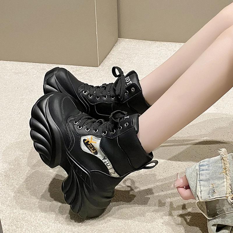 Fashion 8CM Autumn High Top Women Sneakers Lace-up Winter Warm Leather Ankle Boots Casual Canvas Shoes Thick Bottom Fashion Short Boots
