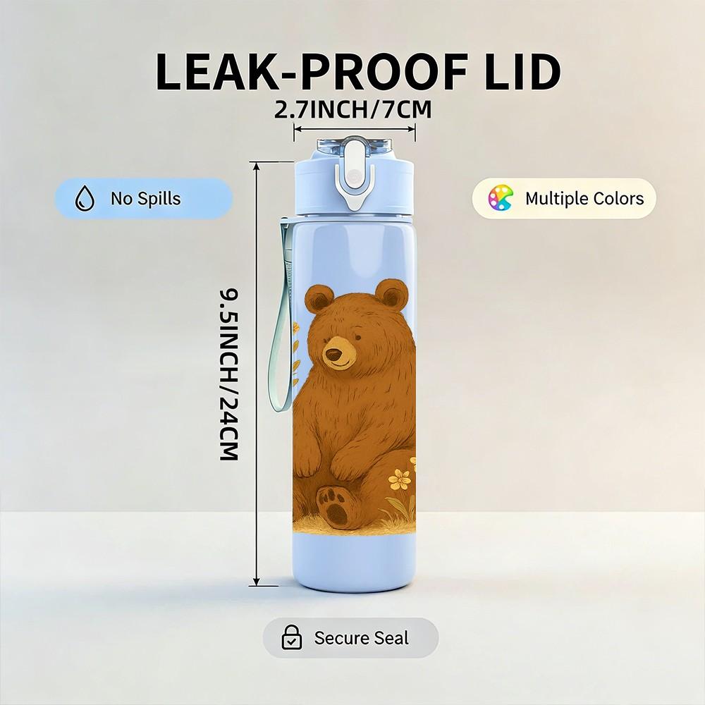 1PC Forest Brown Bear Illustration 750ml Color Plastic Sports Water Bottle Leakproof Flip Straw Lid Suitable for Sports Office Home Use