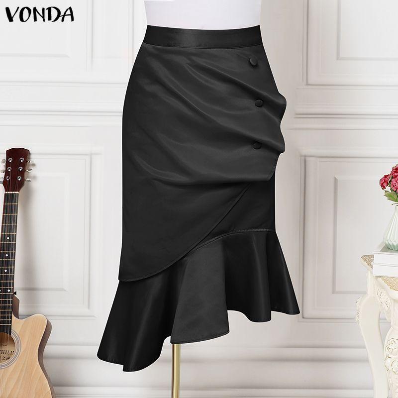 

VONDA Elegant Women Zip-up Waist Irregular Ruffled Smooth Casual Bodycon Skirts 5XL чорний