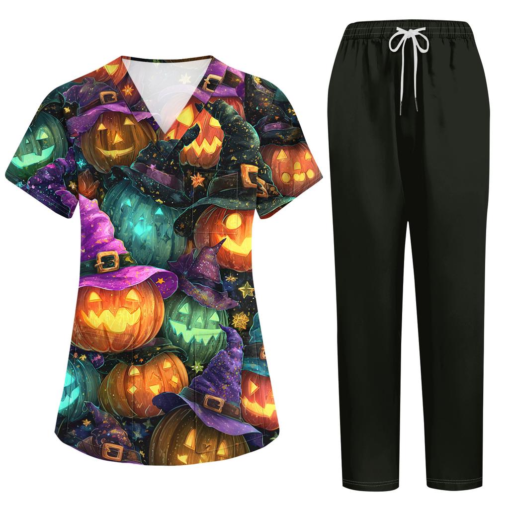 Women's Halloween Costume Set with Pockets - Short Sleeve Two-Piece Top and Pants for Adult Role Play