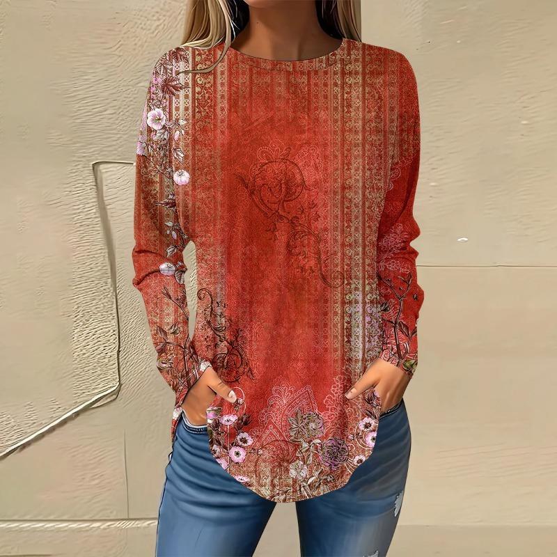 Plus Size Butterfly Print Sports-Shirt Casual Long Sleeve Round Neck Pullover Women's Plus Size Clothing
