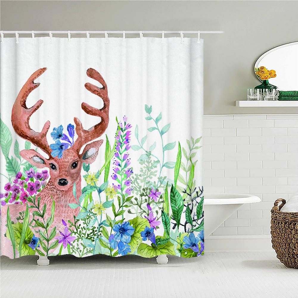 

3D Fresh Green Plants Leaf Print Nordic Style Shower Curtain Set Hook Natural Flower Leaves Home Decoration Bathroom Curtains W60H190(CM)-1 Pcs