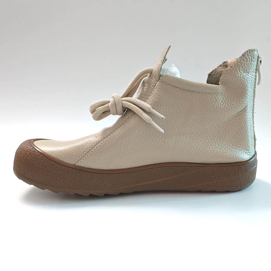 Genuine Leather Shoes Women Ankle Boots Cow Leather Short Booties Zip Flat Non-slip Casual Soft Shoes Elegant Beige Plus Size 41