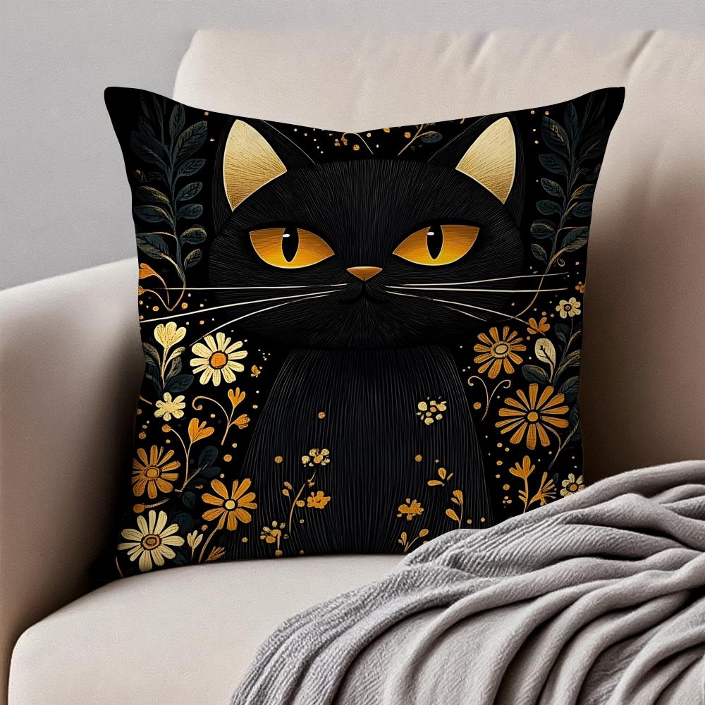 Art Black Cat Cushion Cover Pillowcase Antidustmite Invisible Zipper Short Plush Sofa Cushion