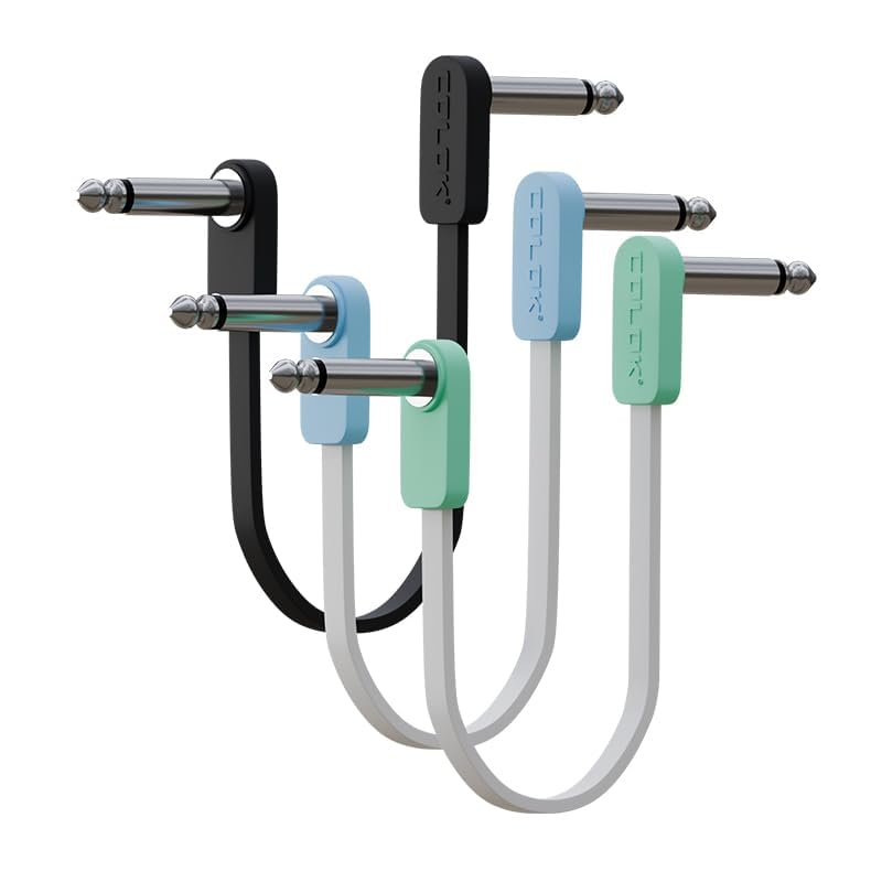 GIMI 20cm Color Patch Flat Cables for Guitar 3 Cables, Space-Saving Effects, L-L Shape, 3-Pack (Black, Cables, 20cm)